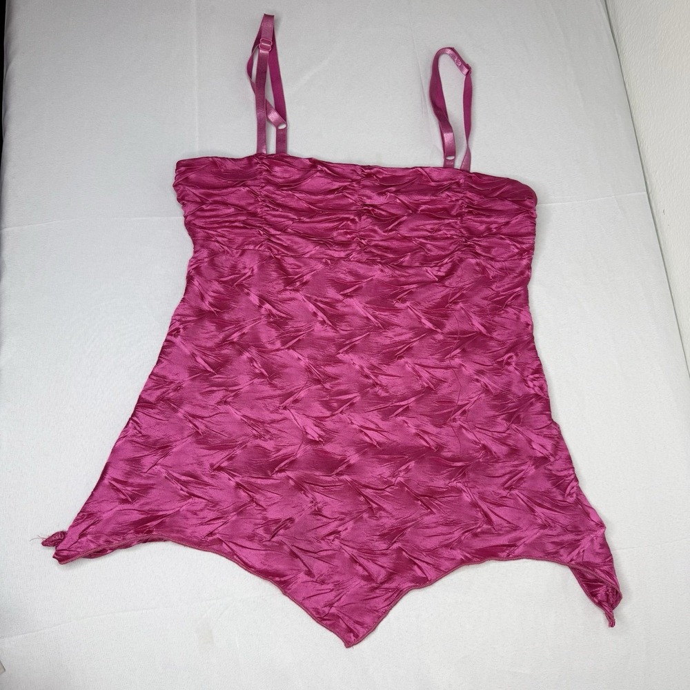 Vintage Y2K Satin Crinkle Asymmetrical Tank Top Fairycore Pink *See Measurements